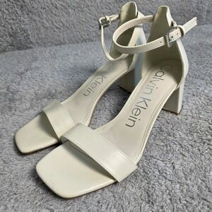 Calvin Klein Women's Sandals Block Heel Ankle Strap Square Toe Off White 10M NEW